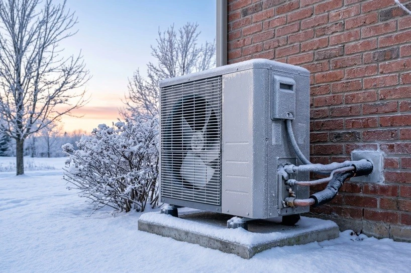Air Source Heat Pump in Winter Snow