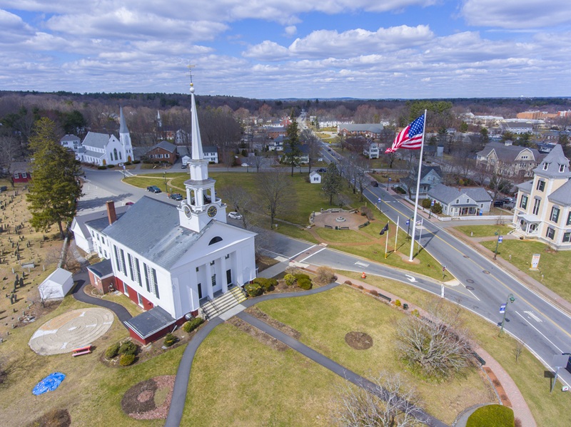 First Parish Unitarian Church and the Town Common aerial view in historic town center in spring, Chelmsford, MA, USA
