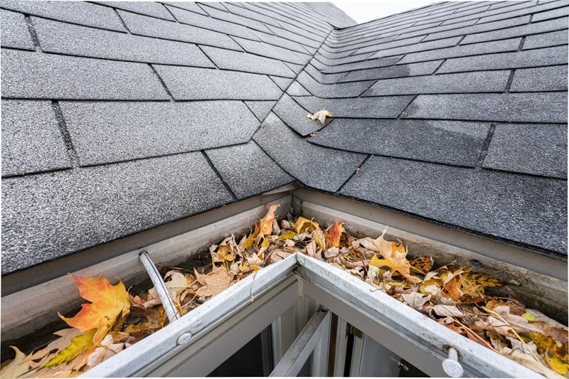 Gutters clogged with autumn leaves