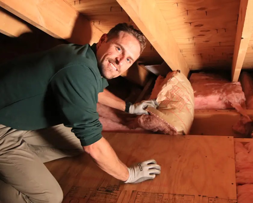 HomeWorks Energy Attic Insulation Specialist installing updated insulation