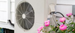 Heat Pump among flowers in a home garden