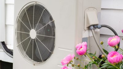 Heat Pump among flowers in a home garden