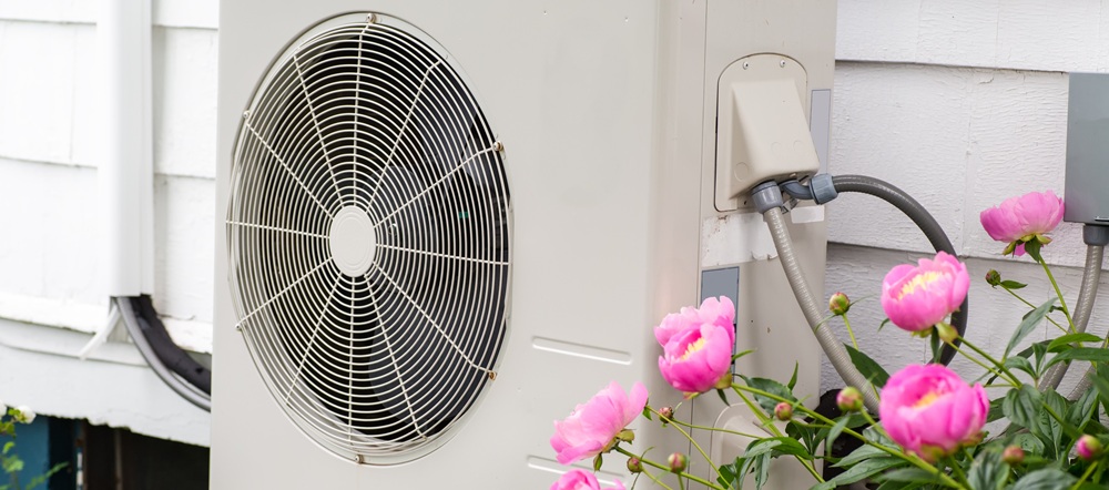 Heat Pump among flowers in a home garden