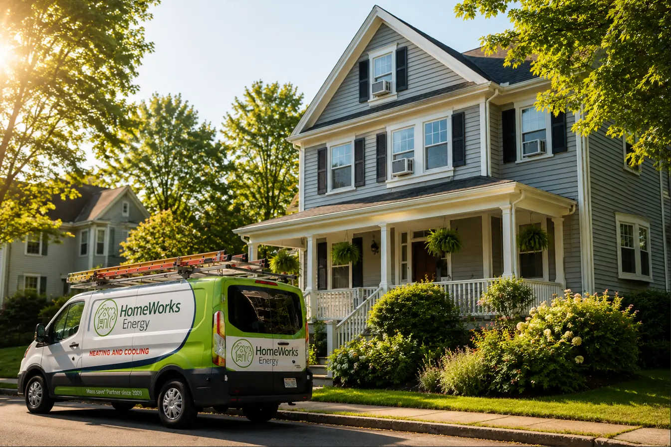 HomeWorks Energy Van outside home with window AC units in Massachusetts, MA, USA