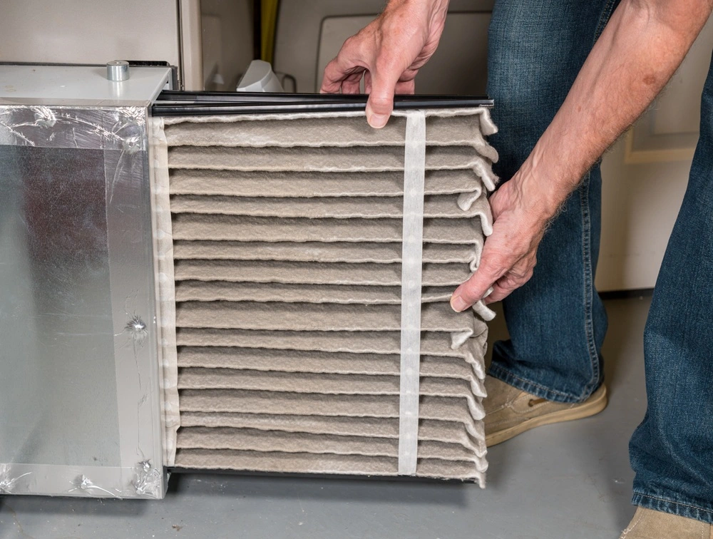 Homeowner changing dirty furnace filter