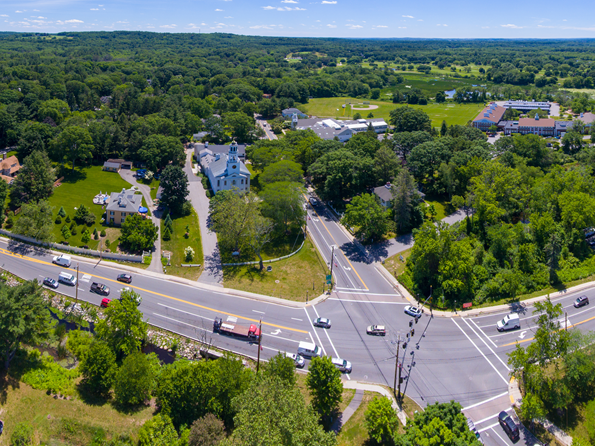Aerial view of the town of Wayland, MA, a HomeWorks Energy sustainability partner